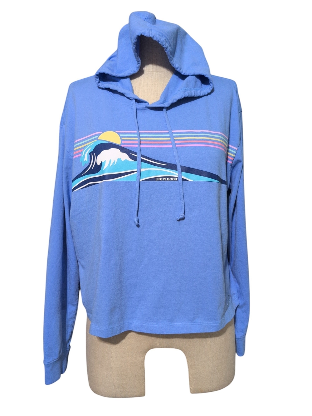 Life is Good Blue Hooded Graphic Wave Stripe Lightweight Shirt Top Long Sleeve L